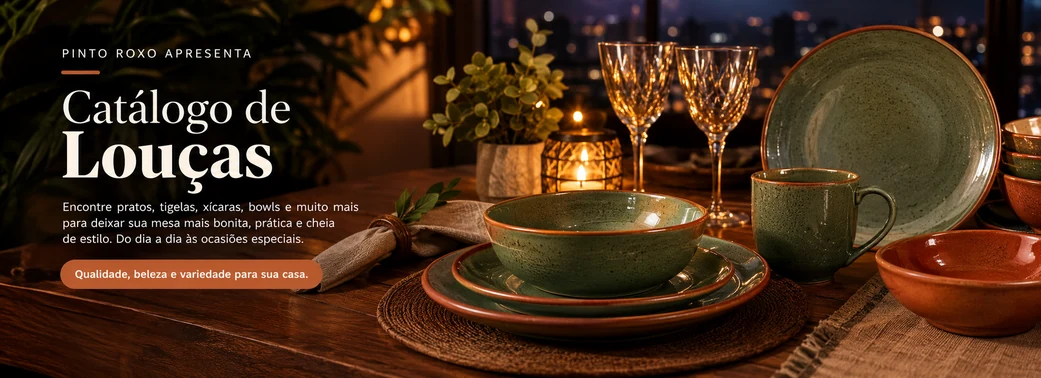 Catálogo de louças em ambiente noturno, com pratos verdes e terracota, bowls e xícaras